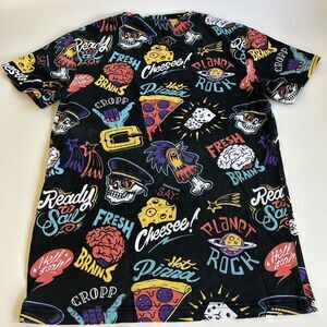 Cropp T Shirt Size S All over Graphic Cartoon Style Skulls Brains Pizza Dice
